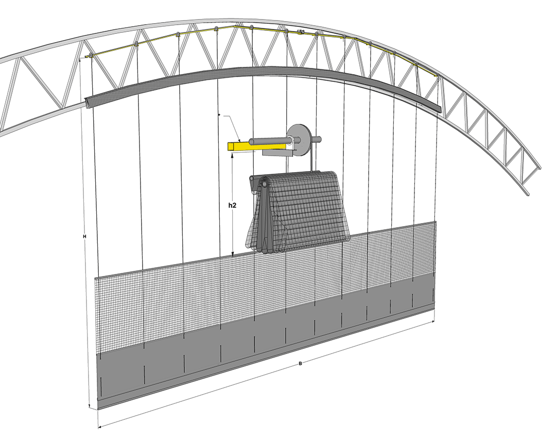 Tekniska ritning av nätvägg i bågform.