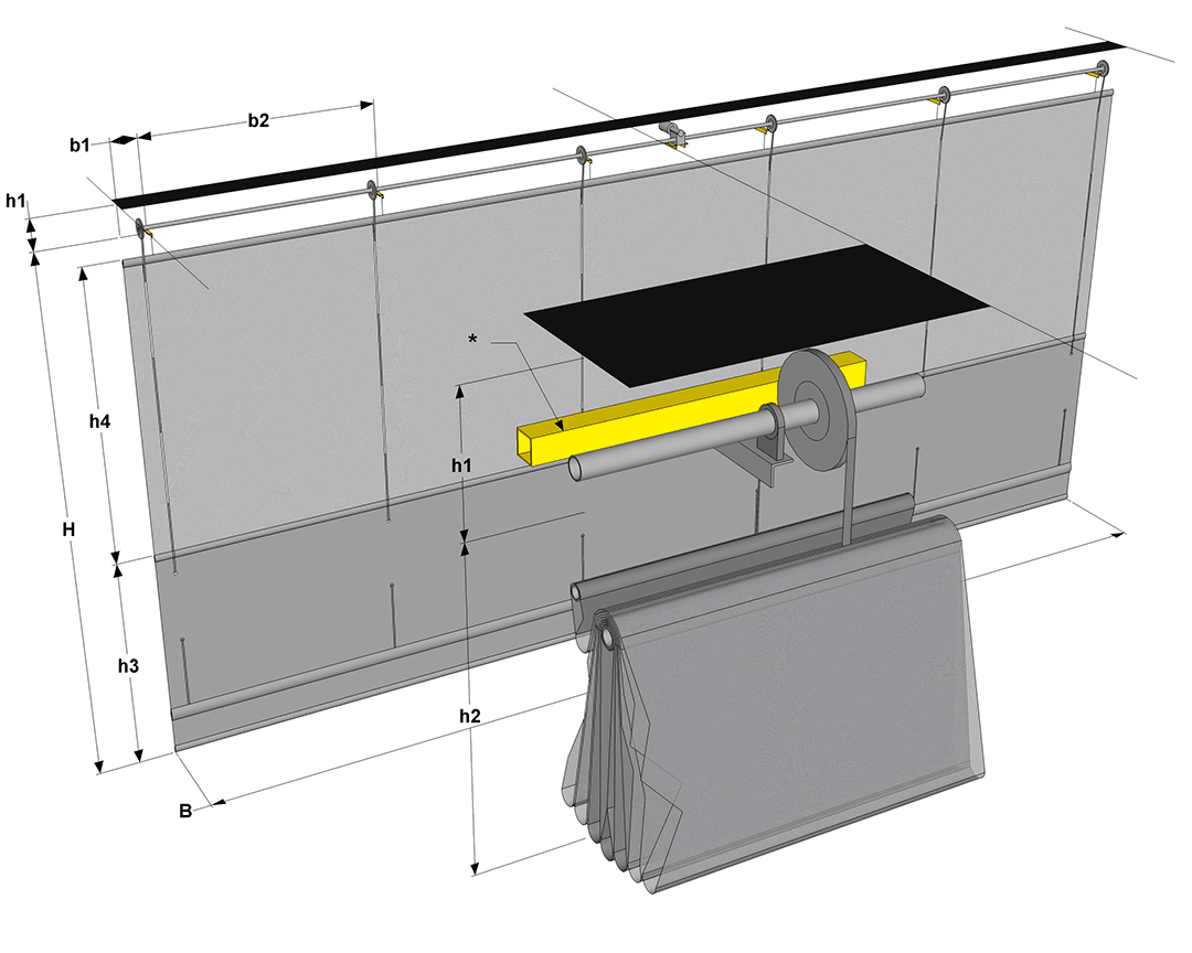 Tekniska ritning av T500 Scrim ridåvägg