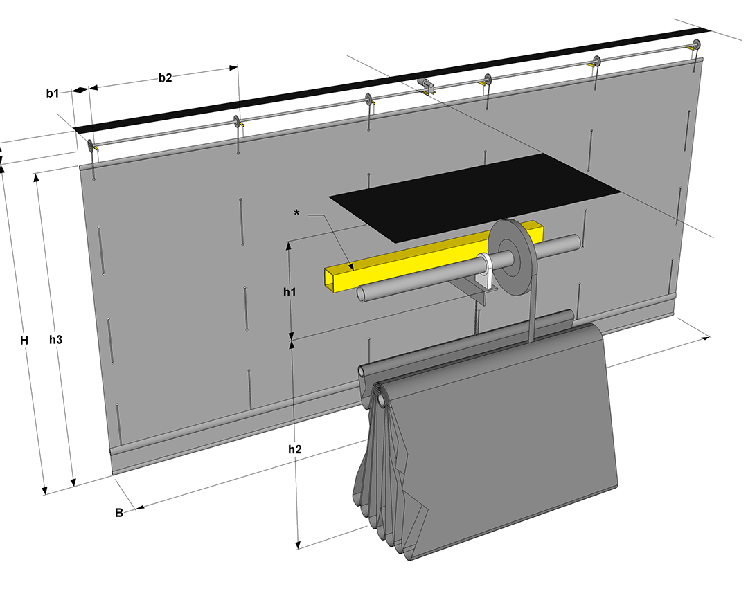 Tekniska ritning av ridåväggen T500